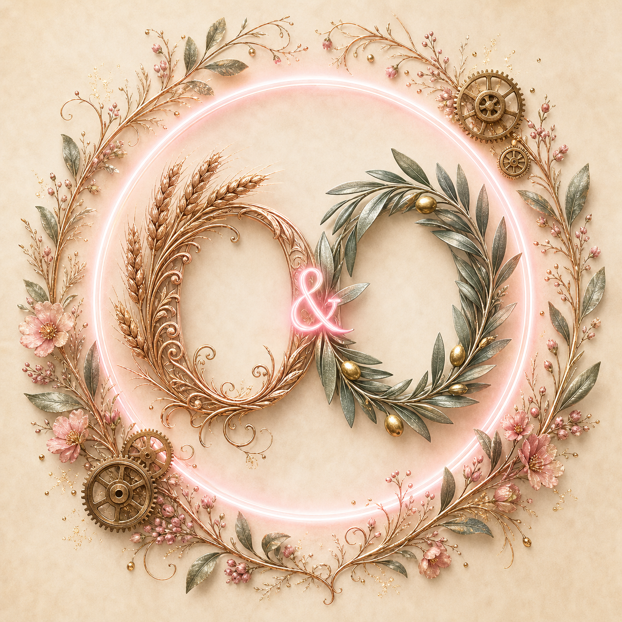 Oat & Olive Atelier emblem — rose-gold wheat and sage olive-branch initials inside a softly glowing pink ring, framed by botanical linework and antique brass gears